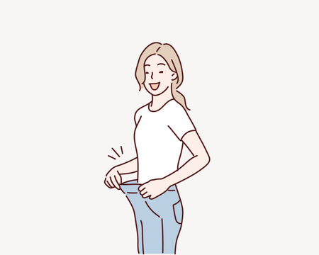 Woman lost weight. Good diet. Very big jeans on a girl. Hand drawn style vector design illustration.