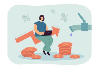 Poster - Woman with laptop checking water supply bill vector illustration. Cartoon drawing of girl shocked at payment increase for water, stacks of coins, upward arrow. Finances, utility bills concept