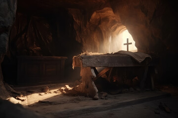 Empty tomb of Jesus Christ. Abandoned shroud and crown of thorns on the floor. Light pouring into the cave, generative AI
