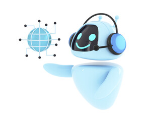 Artificial intelligence chatbot holding web neural network. AI robot smiling coming up with answers and ideas. Chat bot, conversation or communication with technology concept. 3d render illustration