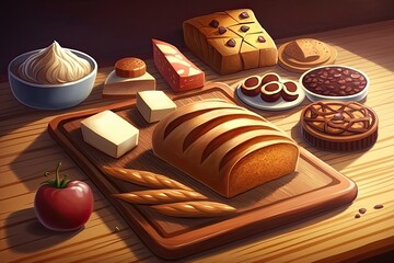 Canvas Print - rustic wooden table with freshly baked bread on top. Generative AI