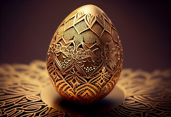 Golden Easter egg with circular patterns. Luxury Easter card. 3d render. Generative AI