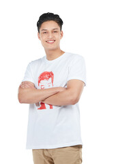 Arms crossed, happy man and portrait of a Asian person with a smile on an isolated and transparent png background. Male model smiling with happiness with positivity alone