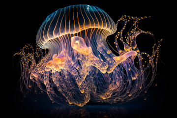 Wall Mural - Bioluminescent rainbow jellyfish underwater on a dark black background at night. Transparent multi-colour, exotic jelly fish glowing in the dark. Tropical marine animal in a luminescent Generative AI.