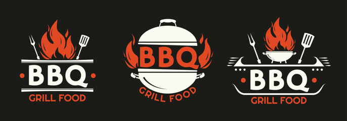 Wall Mural - BBQ logo set. Grill food, barbecue icons. Meat restaurant label design with fire flame. Vector illustration.