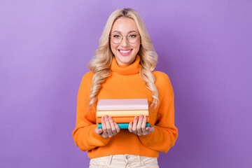 Portrait of adorable woman elegant hairdo wear pullover turtleneck hands hold book prepare lesson isolated on violet color background