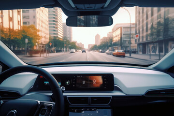 Driving autonomous car in the city with view from the inside. Generative AI