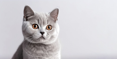 Wall Mural - Cute British Shorthair cat kitten portrait on gray background in studio. Generative AI