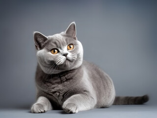 Wall Mural - Cute British Shorthair cat kitten portrait on gray background in studio. Generative AI