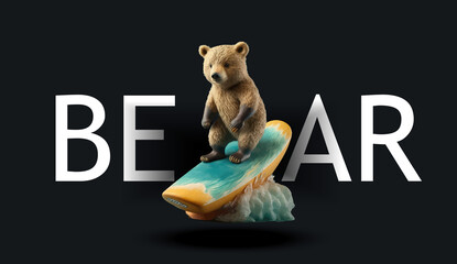 Poster - Cute teddy bear surfing . Funny charming illustration of a teddy bear on a black background. Print for your clothes or postcardsGenerative AI