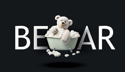 Sticker - Cute teddy bear shower in bathtub. Funny charming illustration of a teddy bear on a black background. Print for your clothes or postcards. Generative AI