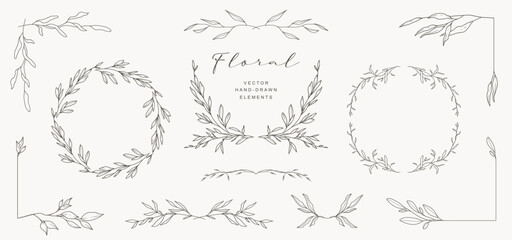 Wall Mural - Hand drawn floral frames, wreaths, borders, dividers, corners with flowers and leaves. Trendy greenery elements in line art style. Vector for label, corporate identity, wedding invitation, card