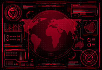 HUD UI, futuristic user interface and infographics with danger, warning alert signs, vector screen controls. HUD digital technology or cyber game dashboard with red radar and controls on world map