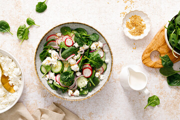 Sticker - Spinach and cottage cheese fresh green vegetable salad with radish, cucumber and yogurt, healthy diet food, top view