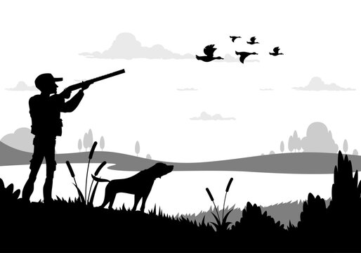 hunting silhouette, hunter with shotgun, dog, duck flock and pond landscape, vector background. hunt