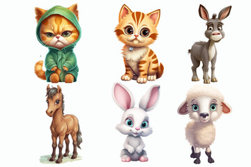 Poster - Safari Animal set cat, rabbit, horse, sheep, donkey in 3d style. Isolated. Generative AI