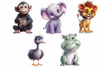 Poster - Safari Animal set lion, ostrich, elephant, hippopotamus, chimpanzee in 3d style. Isolated. Generative AI