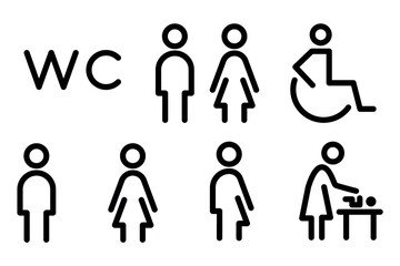 toilet line icon set. wc sign. men,women,mother with baby and handicap symbol. restroom for male, fe