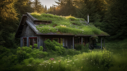 Poster - An idyllic eco-house nestled in a lush meadow surrounded by wildflowers, ferns, and moss, capturing the essence of sustainable and environmentally conscious living