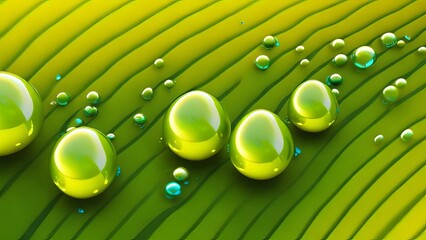 Wall Mural - Macro shot of a juicy, luscious, green leaf in a meadow with dew drops in the early dawn of a spring or summer day. 