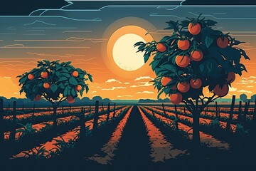 Sticker - n orange tree with a stunning sunset in the background. Generative AI