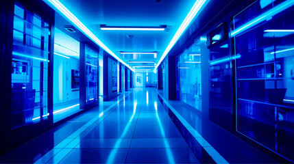 Wall Mural - Long hallway with blue lighting and clock on the side of the wall. Generative AI.