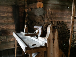 Wall Mural - Reconstruction of a peasant house, interior, on Kizhi Island, Karelia, northern Russia