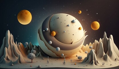 Space with planet, moon and star in paper art design. Created using generative AI.