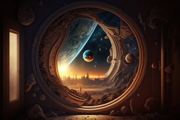 Canvas Print - window with a view of planets in outer space. Generative AI