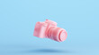 Pink Camera DLSR Lens Equipment Photography Technology Hobby Kitsch Blue Background 3d illustration render digital rendering	