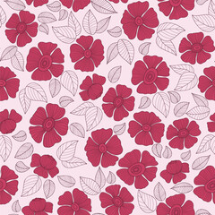 Wall Mural - Retro floral seamless pattern with magenta groovy flower on pink background. Vector Illustration. Aesthetic modern art hand drawn for wallpaper, design, textile, packaging, decor