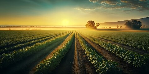 Irrigation system on agricultural soybean field, rain gun sprinkler on helps to grow plants in the dry season, increases crop yields. Landscape beautiful sunset. AI generative.