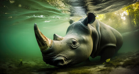 Wall Mural - Rhinoceros under water. Generative AI