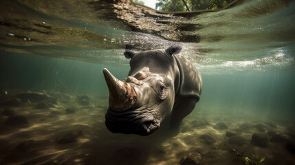 Wall Mural - Rhinoceros under water. Generative AI