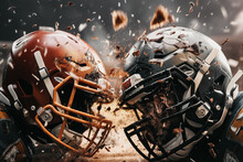 Two football helmets crashing into each other. The concept of rivalry on the field between two teams in American football. Generative ai