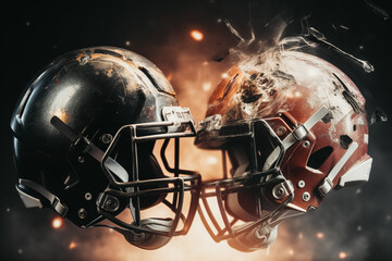 Two football helmets crashing into each other. The concept of rivalry on the field between two teams in American football. Generative ai