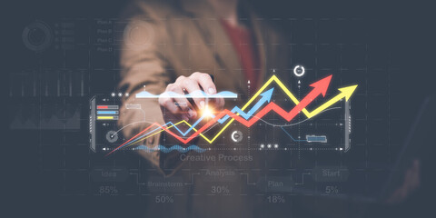 Aufkleber - Businessman reading graph report and business statistics charts ,Analysis and improvement of corporate strategy ,Statistics and Data Concepts ,update annual budget accounts ,business growth graph