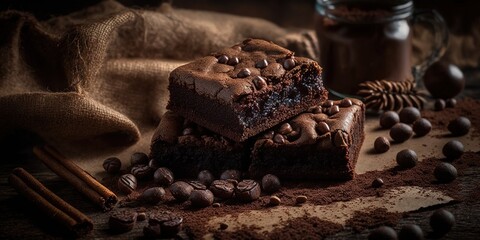 Wall Mural - Brownies made of chocolate and coffee beans in a bag on a wooden table. Generative AI