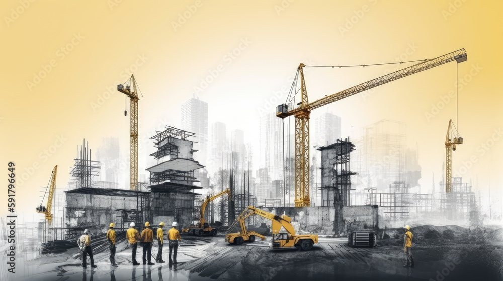 Silhouettes of construction workers against a background of cranes and ...
