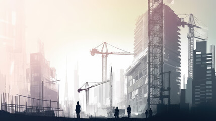 Wall Mural - Silhouettes of construction workers against a background of cranes and buildings under construction. Illustration. Generative AI