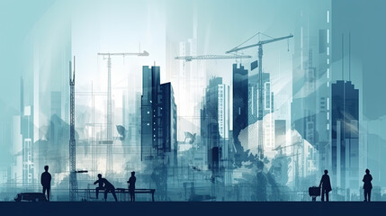 Wall Mural - Silhouettes of construction workers against a background of cranes and buildings under construction. Illustration. Generative AI