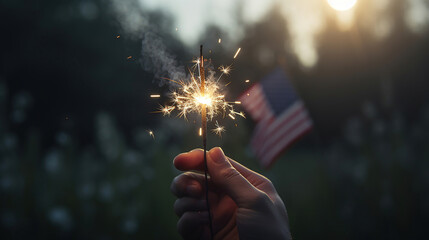 Wall Mural - Hand holding Sparkler fireworks USA celebration with American flag nature background. Generative AI