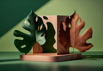 Sticker - 3D  wooden podium display with leaf shadow. Copy space green background. Cosmetics or beauty product promotion mockup.  Natural step pedestal. Trendy minimalist, art deco  3D render. Generative AI