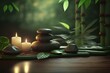 spa and wellness concept. stack of massage stones and towels with green plant on white wooden table. Generative AI