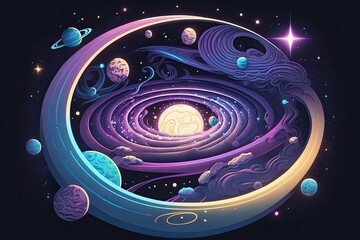 Sticker - colorful space scene with multiple planets and shining stars. Generative AI