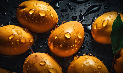 Eggfruits with water drops on a dark background, Generative AI