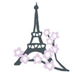 Hand drawn illustration with eiffel tower cherry blossom flowers on blue background. Paris french france parisian city fabric print, spring springtime flower floral design, tourist attraction vacation