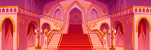Royal Palace Hall Interior. Medieval Castle Room With Staircase, Carpet, Arches And Gold Chandeliers. Old Luxury Building Interior With Stairs And Doors, Vector Cartoon Illustration