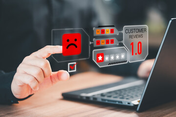 Aufkleber - Man give negative reviews for customer satisfaction surveys. Assessment one star rating for testimonial, customer evaluation feedback, service rating satisfaction and certification concept.