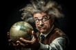 © Jasmina - Portrait of a middle aged scientist with wild hair and glasses holding a globe AI generative art